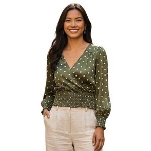 Blu Pepper Olive Green Polka Dot Satin Wrap Blouse Smocked Waist Large